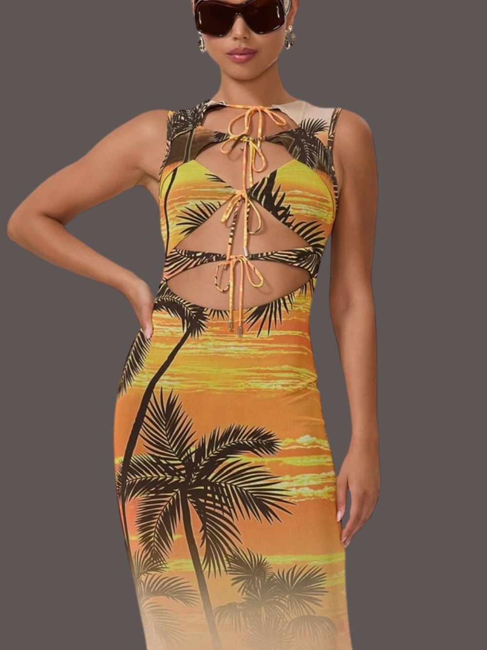 NWT The Ultimate Tropical Statement Piece Tie Front Knee Length Cut Out Dress - Picture 7 of 8